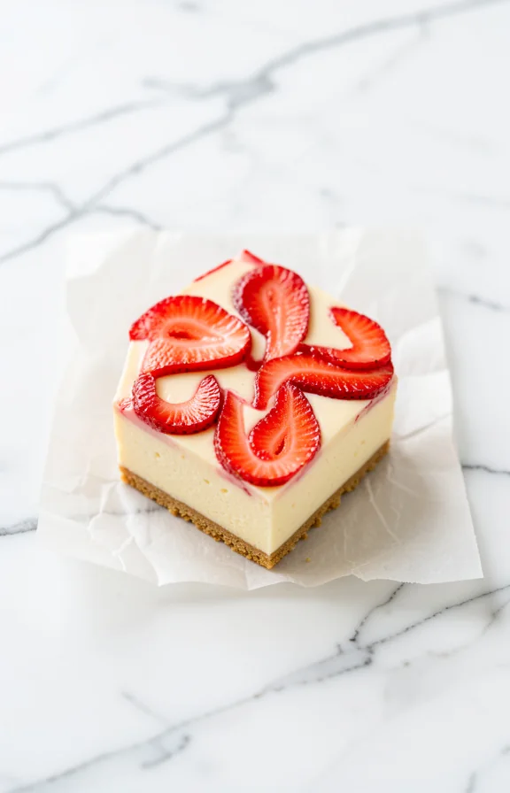 Overhead close-up food photography, Dense creamy Keto Strawberry Cheesecake Bars with bright red strawberry swirl on parchment paper