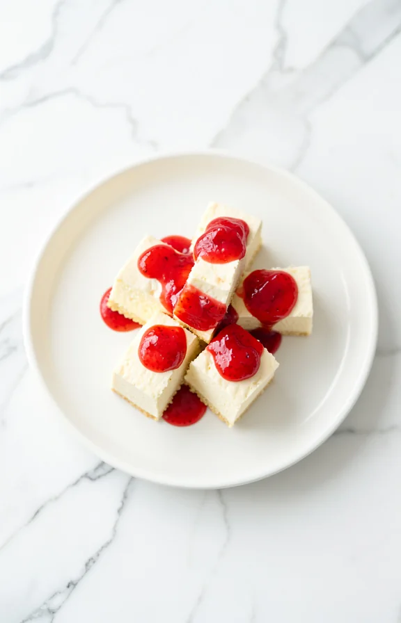 overhead view of Keto Strawberry Cheesecake Bites on white marble surface