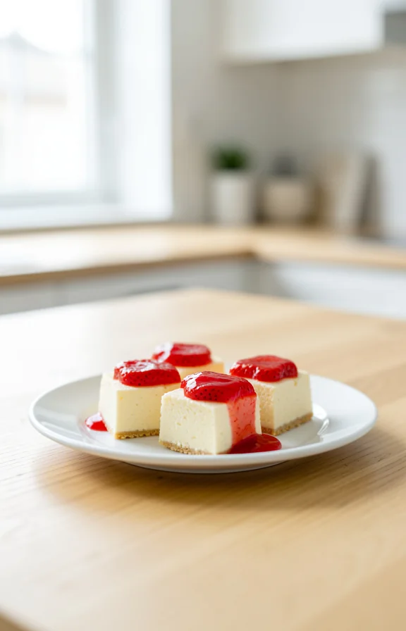 eye-level view of Keto Strawberry Cheesecake Bites on the kitchen countertop