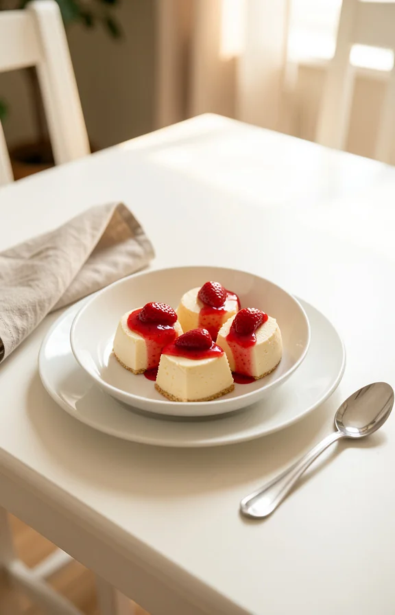 overhead view of Keto Strawberry Cheesecake Bites on a dining table