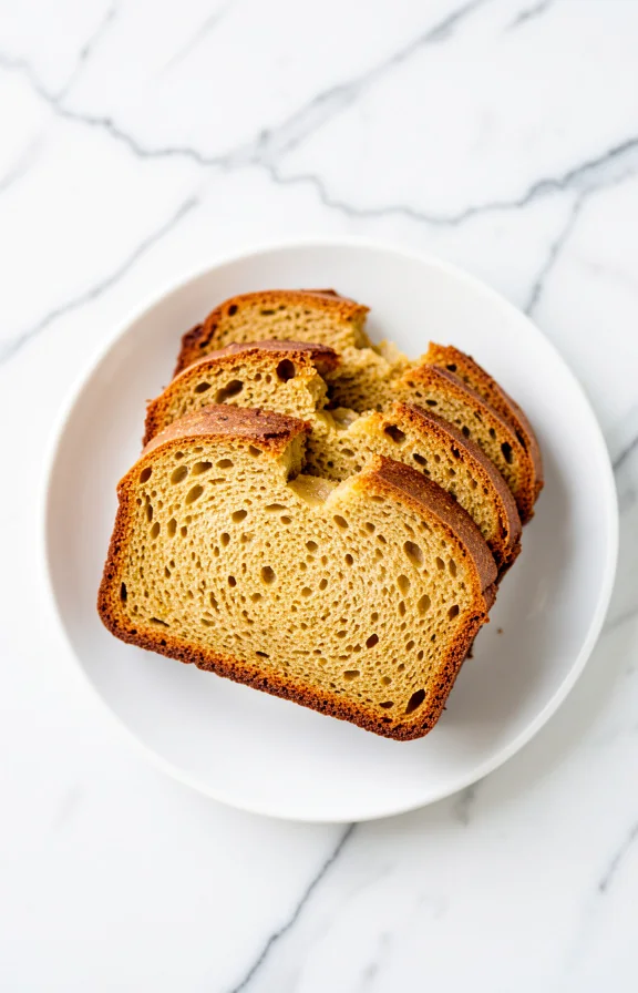 Overhead close-up food photography, Dense golden-brown loaf slices with moist crumb on a white ceramic plate