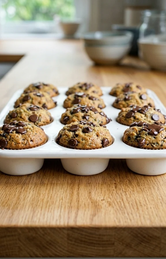 Low Carb Zucchini Chocolate Chip Muffins on the ktichen countertop