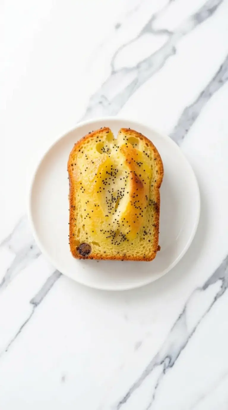 Overhead close-up food photography, Golden-crusted lemon loaf studded with dark poppy seeds on a white ceramic plate