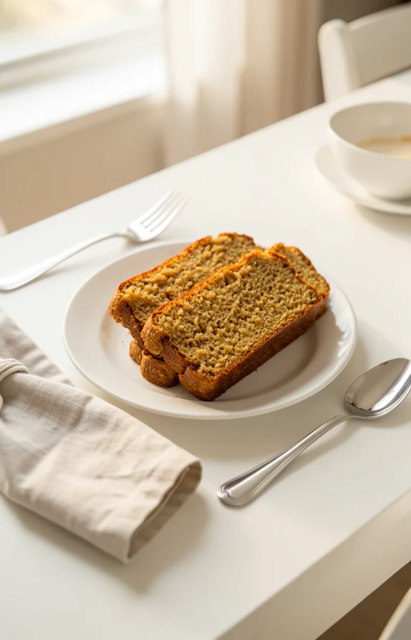 Slight overhead angle on a white dining table set for Vegan Lemon Poppy Seed Loaf slices