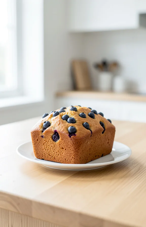 eye-level view of Sourdough Discard Blueberry Lemon Loaf for Beginners on the kitchen countertop