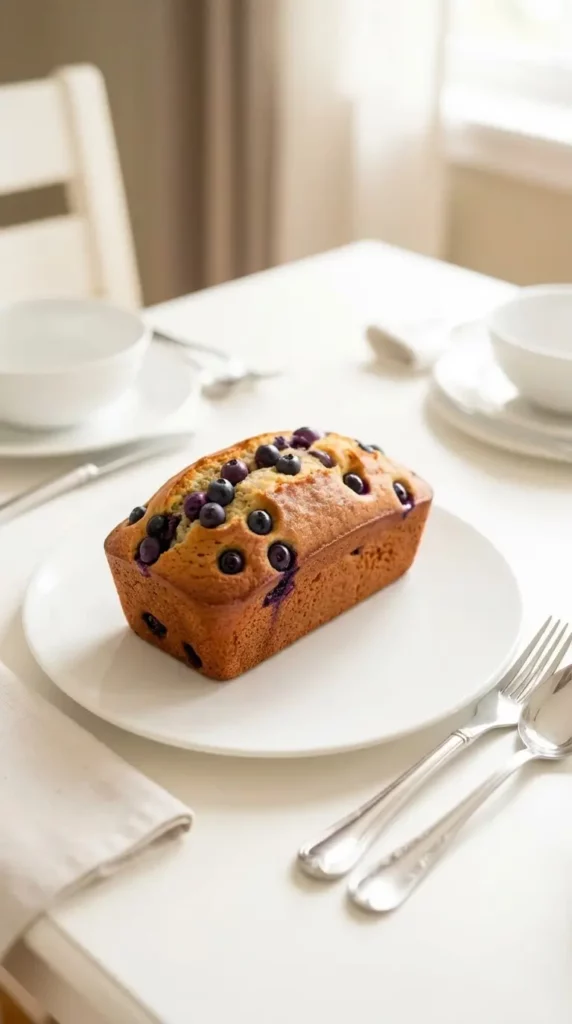 Sourdough Discard Blueberry Lemon Loaf in a small plate on dinner table