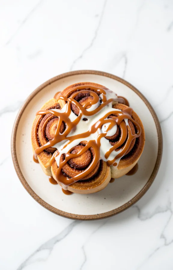 overhead view of Sourdough Discard Cinnamon Rolls for Beginners with Too Much Starter on white marble surface