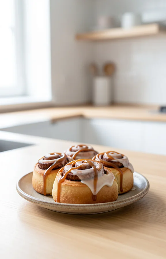 eye-level view of Sourdough Discard Cinnamon Rolls for Beginners with Too Much Starter on the kitchen countertop