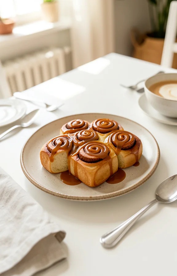 overhead view of Sourdough Discard Cinnamon Rolls for Beginners with Too Much Starter on a dining table