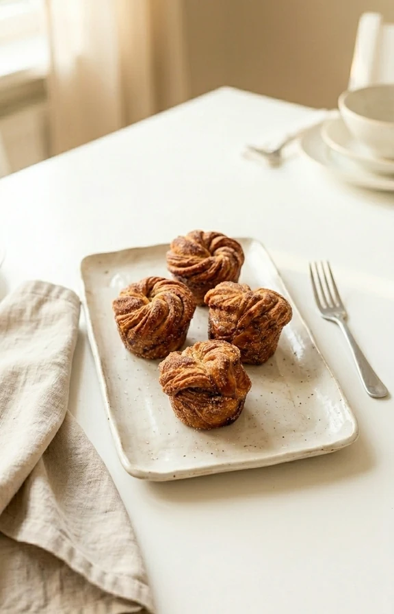 Slight overhead view of Sourdough Discard Cinnamon Sugar Cruffins served for eating