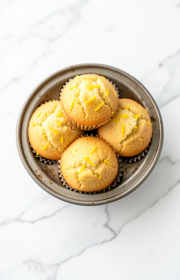 Overhead close-up food photography, Golden-domed Sourdough Discard Lemon Muffins with tender crumb and bright lemon zest speckles