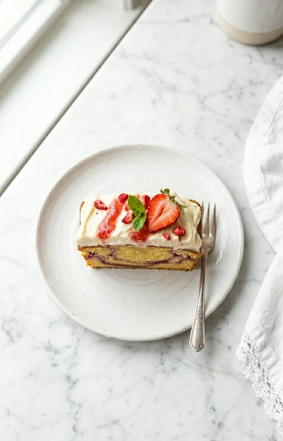 Overhead view of Strawberry Cream Cheese Pound Cake slice