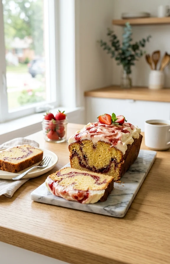 Strawberry Cream Cheese Pound Cake on the kitchen countertop