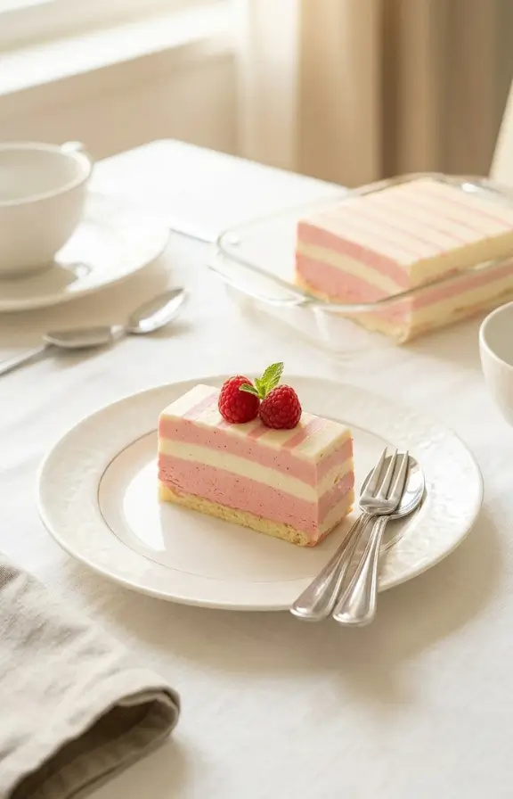 overhead view of Strawberry Lemon Icebox Cake slice in a plate