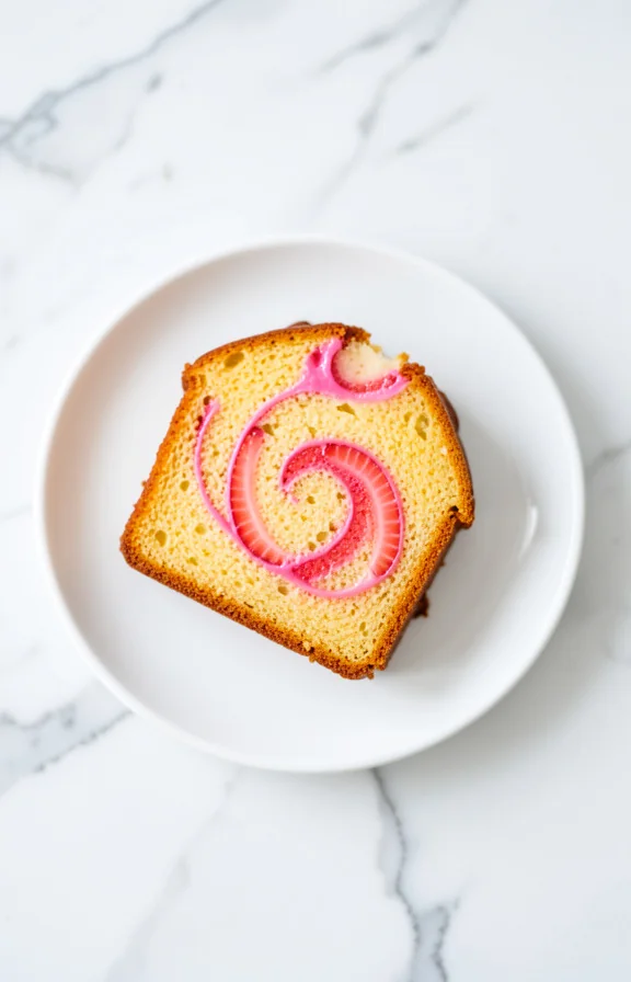 overhead view of Strawberry Lemon Pound Cake from Scratch Without a Stand Mixer on white marble surface