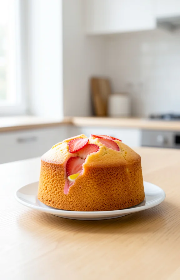 eye-level view of Strawberry Lemon Pound Cake from Scratch Without a Stand Mixer on the kitchen countertop