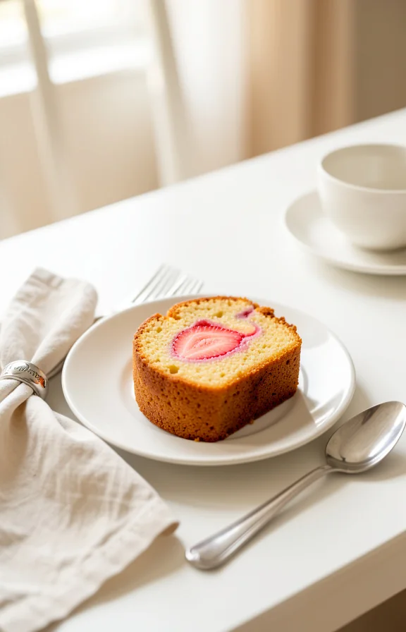 overhead view of Strawberry Lemon Pound Cake from Scratch Without a Stand Mixer on a dining table