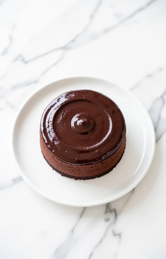 overhead view of Vegan Chocolate Avocado Mousse Cake on white marble surface