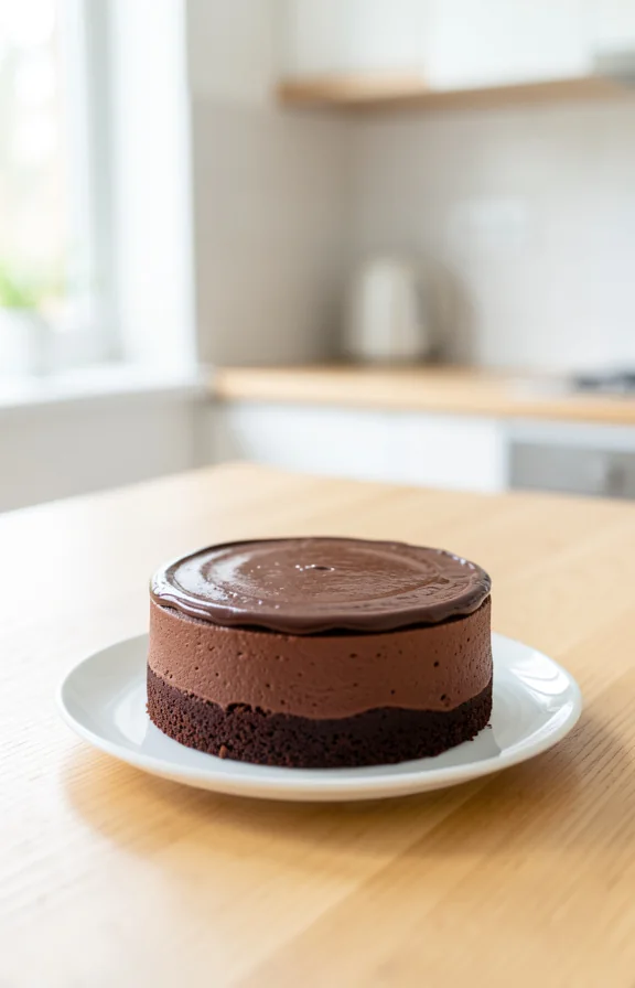 eye-level view of Vegan Chocolate Avocado Mousse Cake on the kitchen countertop