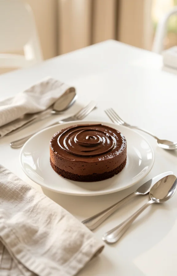 overhead view of Vegan Chocolate Avocado Mousse Cake on a dining table