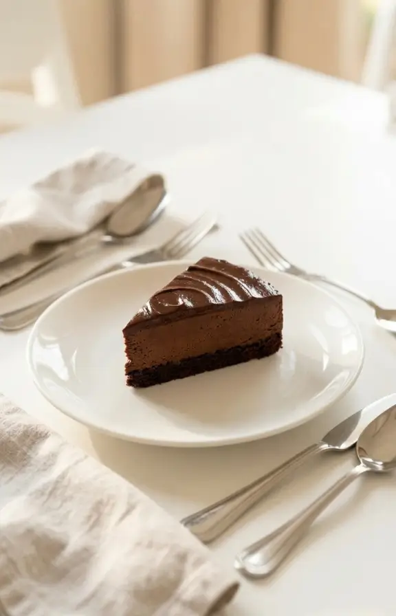 One slice of Vegan Chocolate Avocado Mousse Cake served for eating