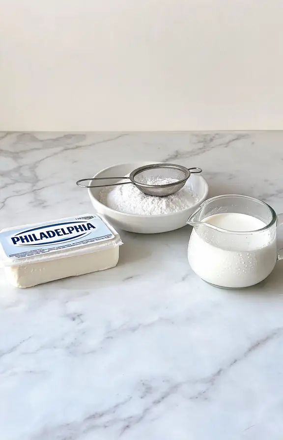 Three ingredients for Philadelphia no bake cheesecake filling: cream cheese block, powdered sugar, and cold heavy cream