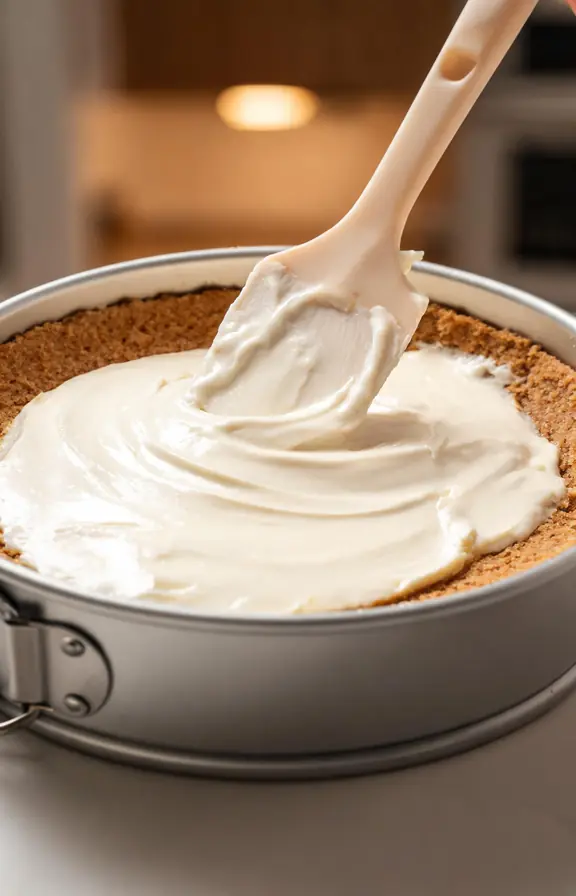 No bake cheesecake filling being spread smoothly into a graham cracker crust with a rubber spatula
