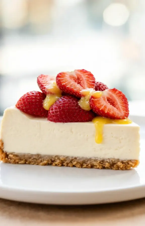 Sliced Philadelphia no bake cheesecake showing silky interior texture with a clean, firm slice