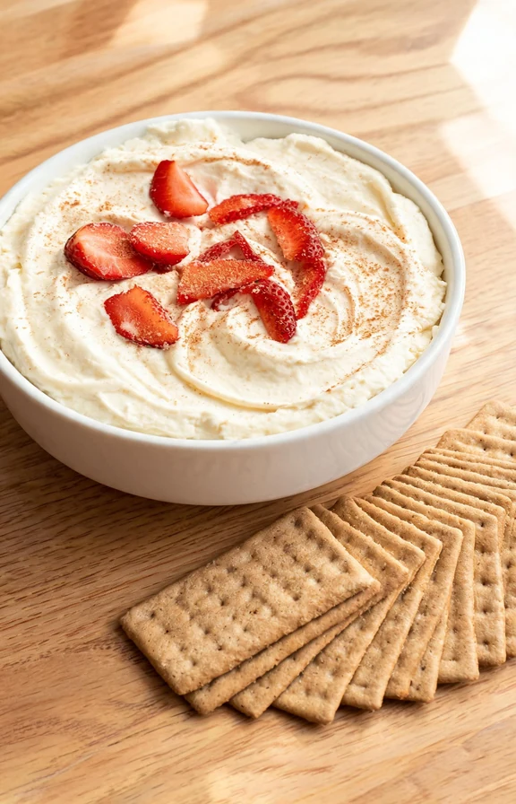 A white ceramic serving bowl filled with fluffy no bake cheesecake dip, swirled on top, garnished with fresh sliced strawberries