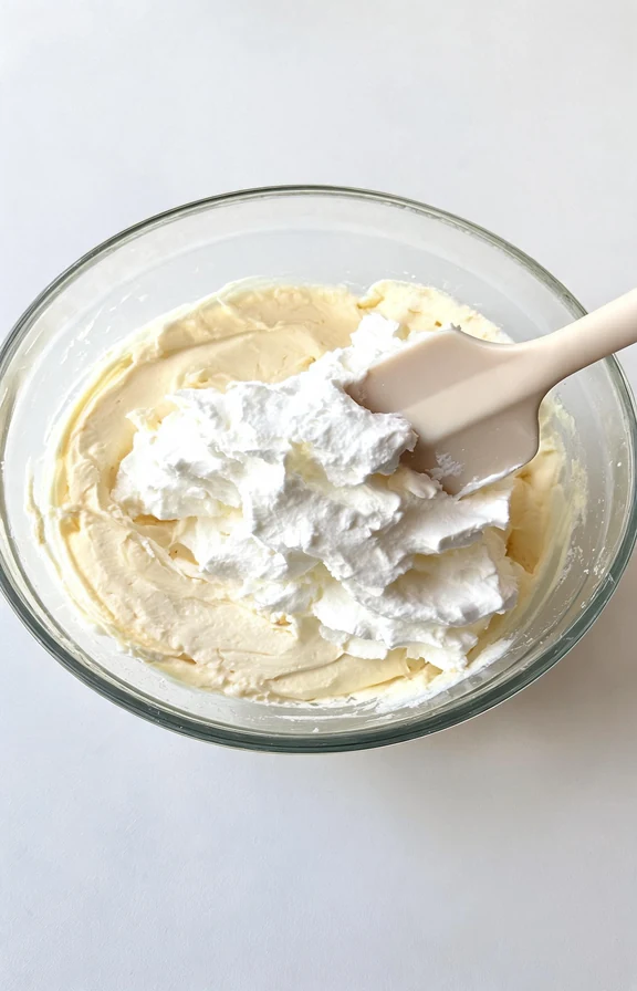 lose-up overhead view of a glass mixing bowl showing thick whipped cream being folded into smooth cream cheese mixture using a rubber spatula