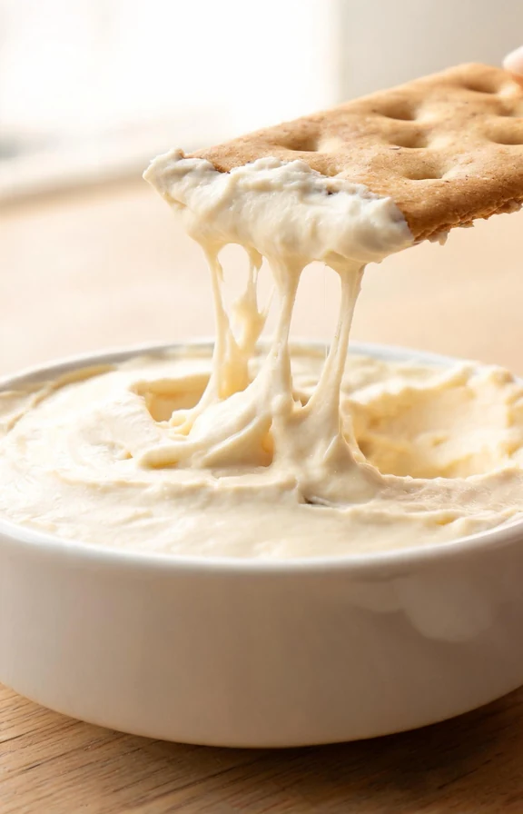 Single serving of no bake cheesecake dip in a small white bowl, a graham cracker being dipped into it