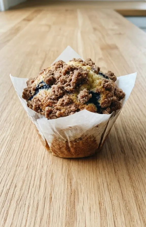 Bakery Style Blueberry Muffins With Streusel Topping on kitchen countertop
