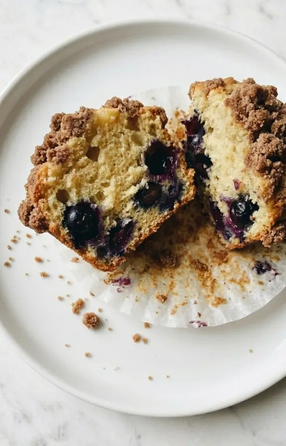 Bakery Style Blueberry Muffins With Streusel Topping torn in half