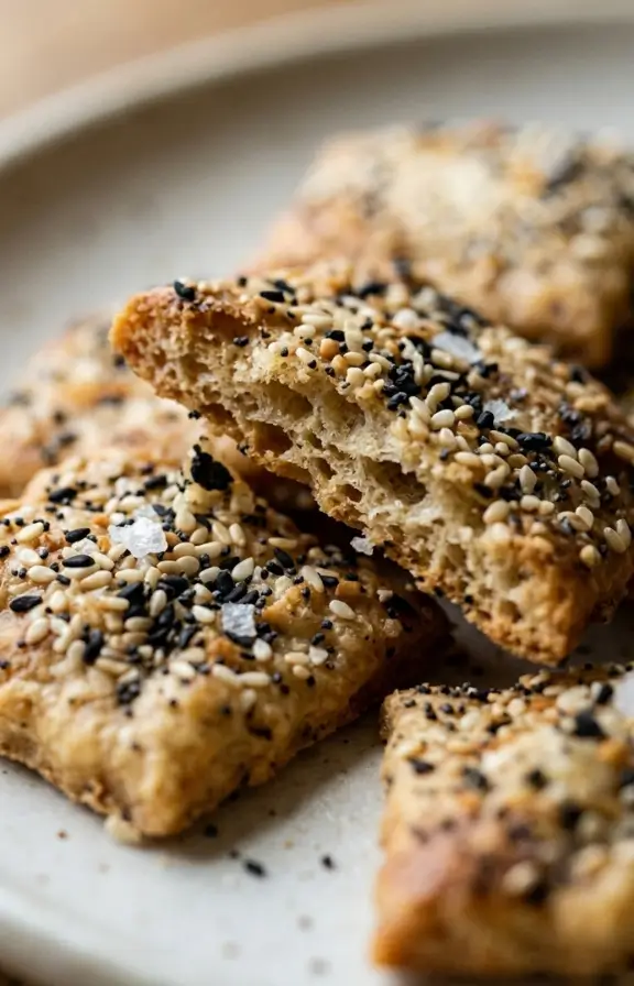 Everything Bagel Seeded Sourdough Discard Crackers broken into jagged shards