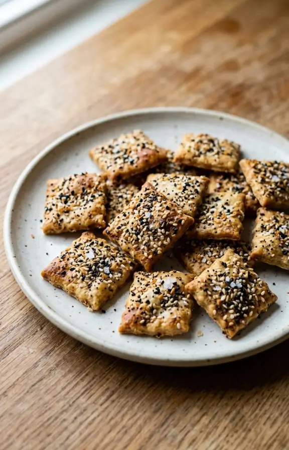 Everything Bagel Seeded Sourdough Discard Crackers on kitchen countertop