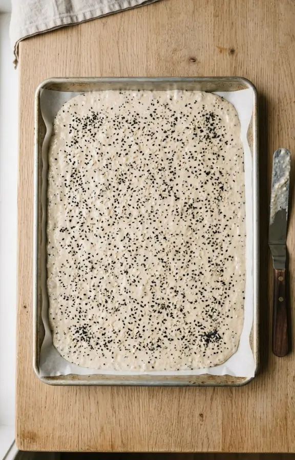 A thin, even layer of pale beige batter dotted with white sesame seeds, black sesame seeds, and poppy seeds