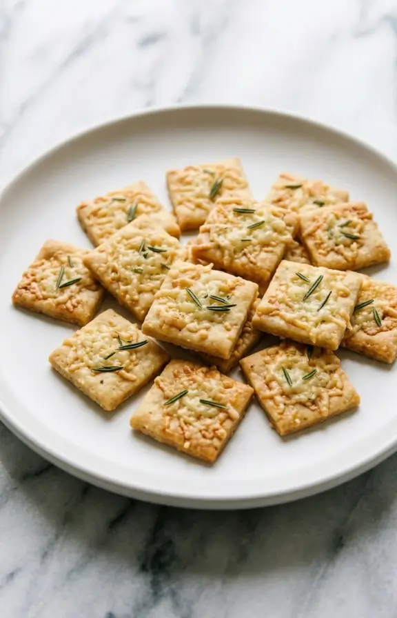 Sourdough Discard Rosemary Parmesan Crackers with Olive Oil served on a plate