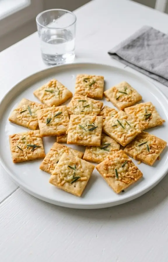 Sourdough Discard Rosemary Parmesan Crackers with Olive Oil on dinner table
