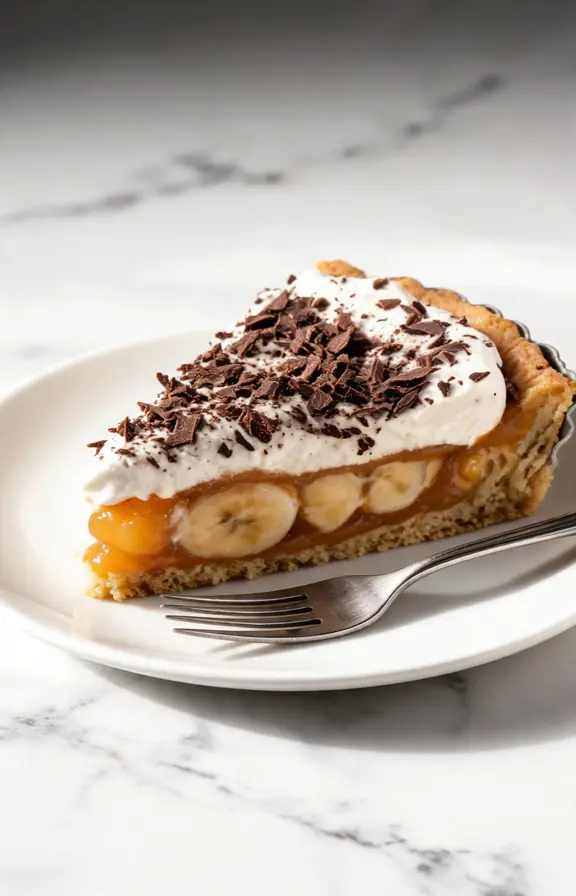 A single slice of banoffee pie on a white ceramic plate showing clean layers of biscuit crust golden toffee yellow banana and soft whipped cream with a silver fork