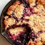 Overhead shot of a finished cast iron berry cobbler in a 10-inch black cast iron skillet, golden caramelized batter visible at the edges, deep purple and red berry juices pooling through the top, one scoop already removed showing the layered interior