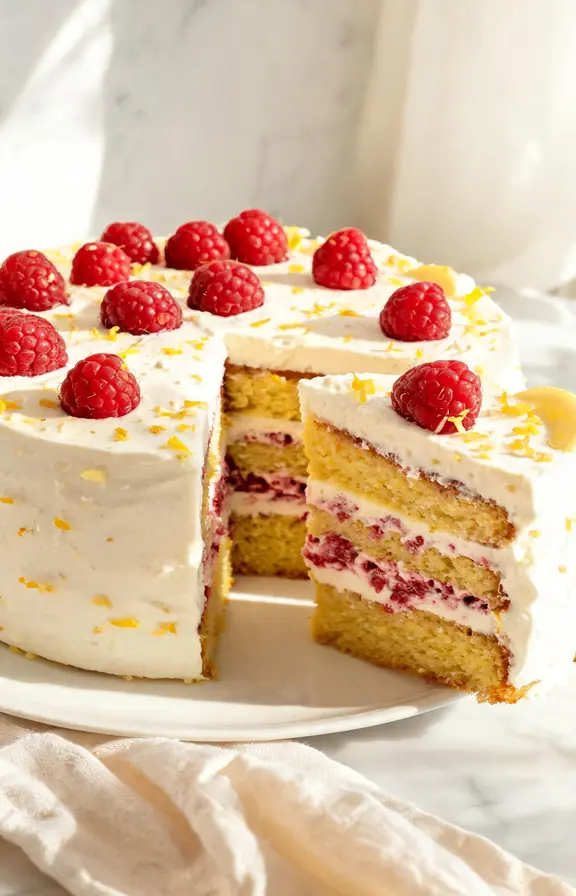 Finished lemon raspberry layer cake, sliced to show the interior, fresh raspberries on top, golden lemon zest scattered, cream cheese frosting
