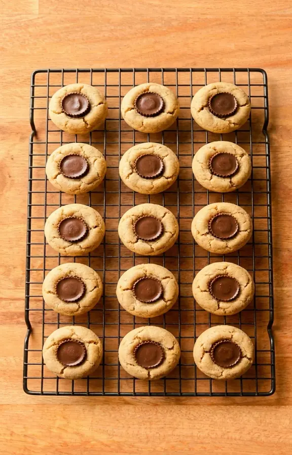 A close-up overhead shot of a dozen mini peanut butter cup cookies