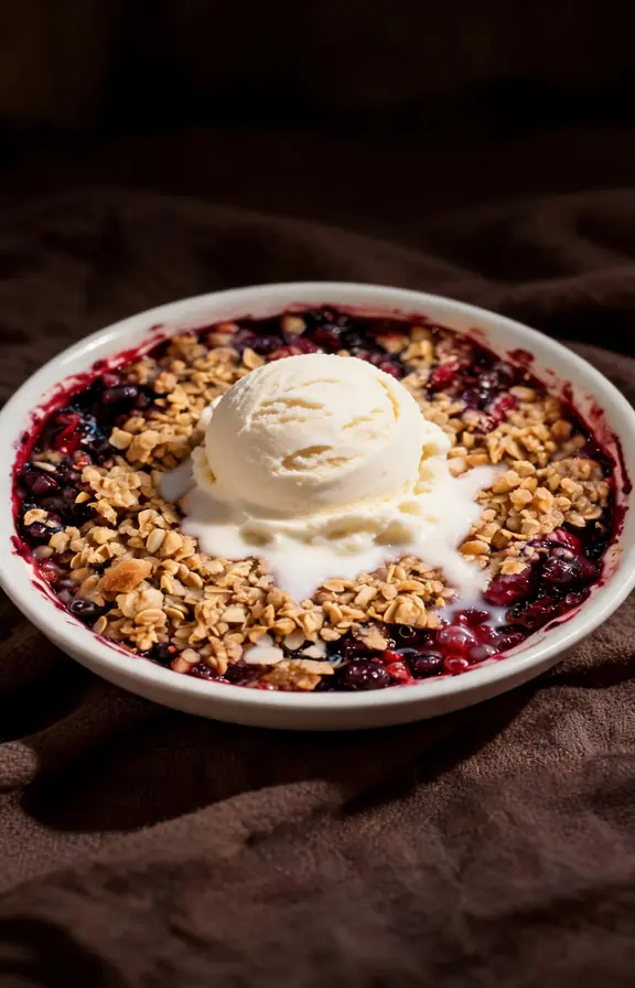 A single serving of mixed berry crumble scooped into a white bowl, a scoop of vanilla ice cream melting over the golden oat topping