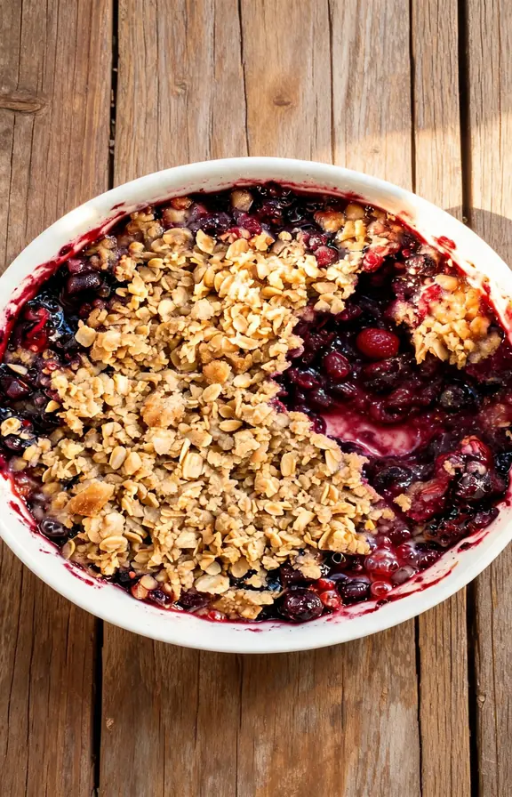 The mixed berry crumble baking dish with one portion already scooped out