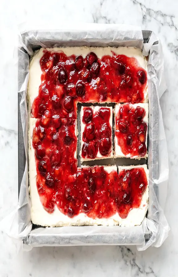 Close-up overhead shot of a white parchment-lined 8x8 pan filled with no bake cherry cheesecake bars