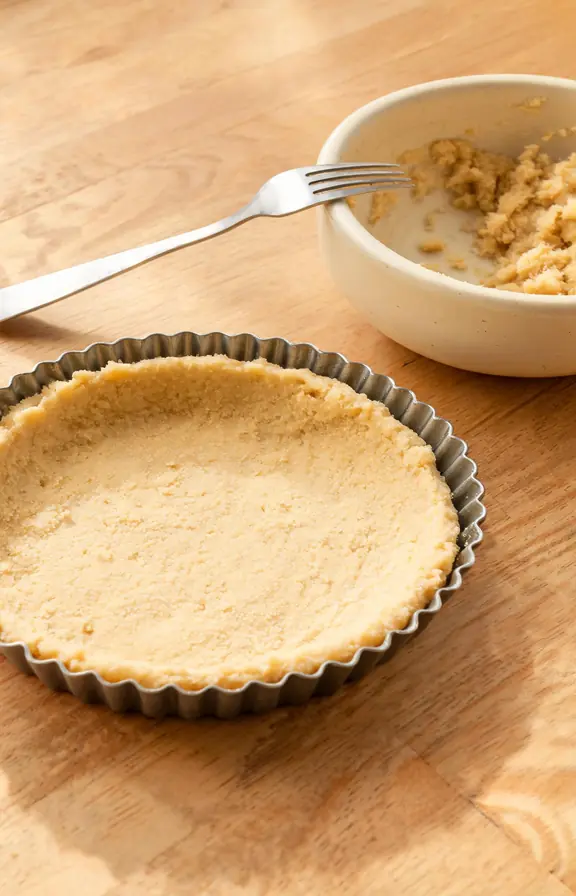 Hands pressing sandy butter tart dough into a fluted tart pan with removable bottom, showing the no-roll press-in crust technique