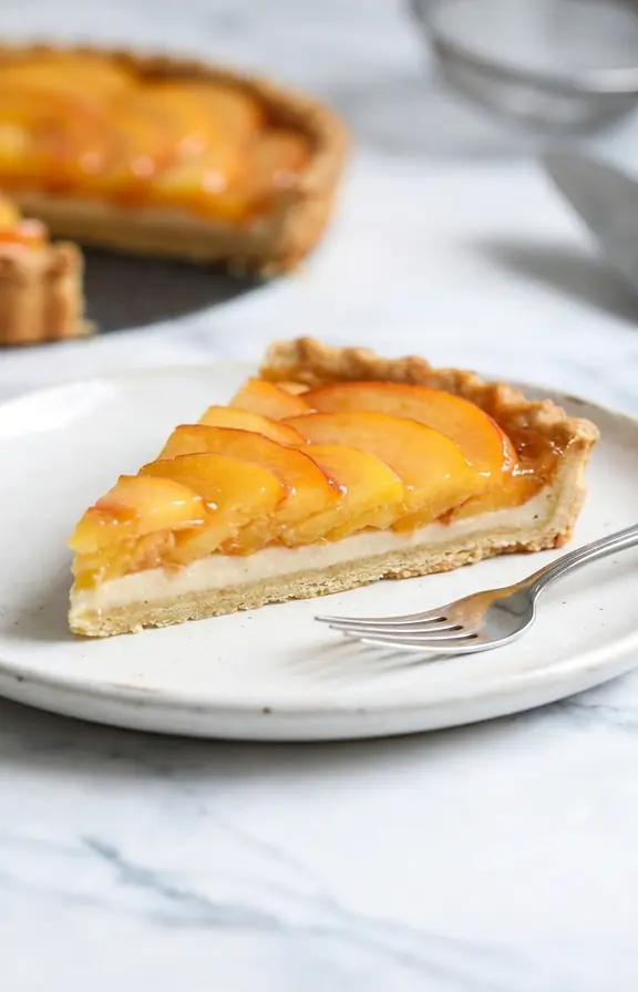 A single clean slice of glazed peach tart on a white dessert plate showing the layers of buttery crust, cream cheese filling, and glossy peach topping