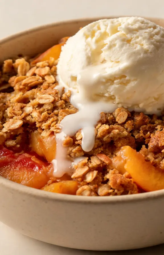 bowl of peach crisp served with vanilla ice cream melting over golden oat topping