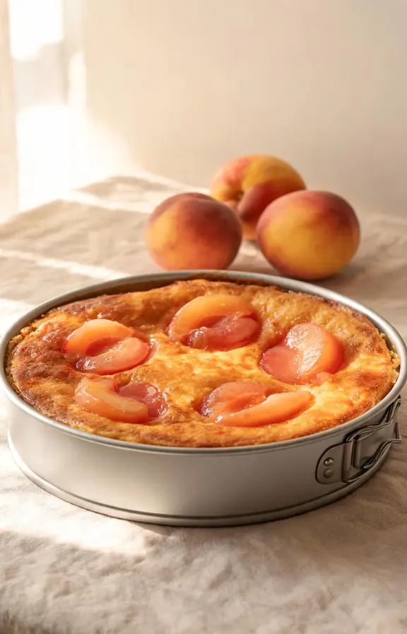 Fresh peach cake baked in a springform pan, topped with golden peach slices and a dusting of powdered sugar