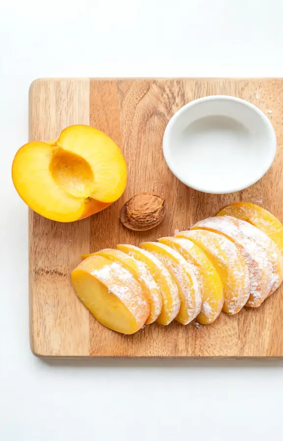 Freshly sliced yellow peaches tossed lightly in flour, ready to fold into cake batter in a large mixing bowl